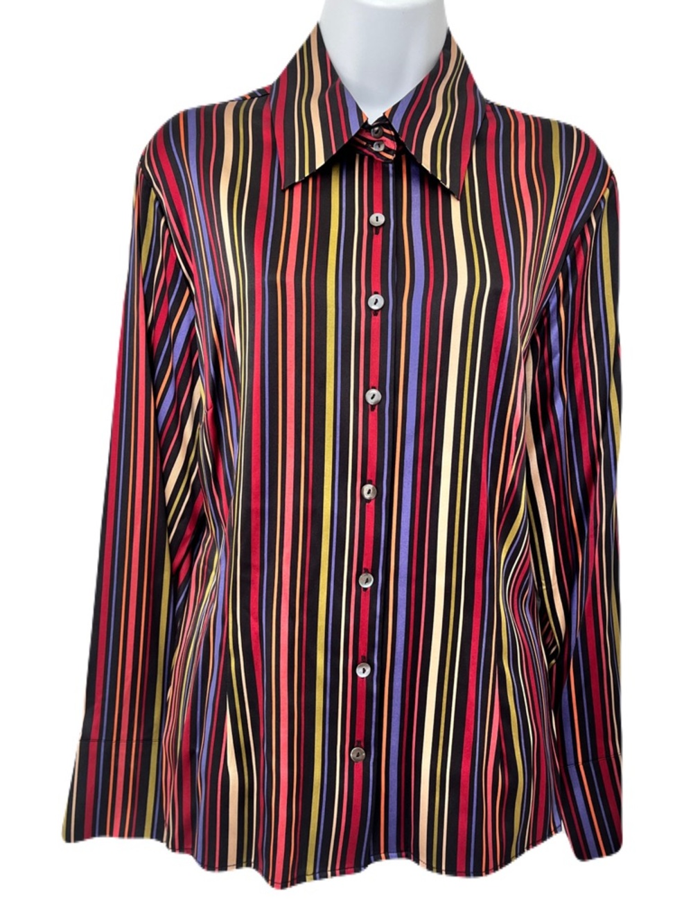 Vintage Talbots Stretch Silk Rainbow Multicolor Striped Button Down Top, Size 16